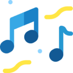 Blue music notes and yellow swirls, representing a music show.