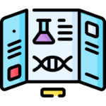 RCLC Science Fair display board with a beaker, DNA strand, and text snippets.