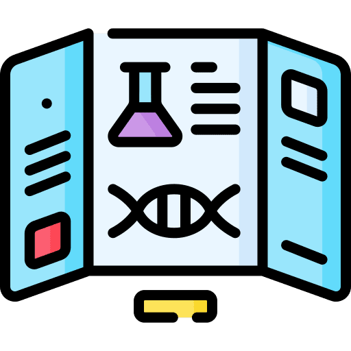RCLC Science Fair display board with a beaker, DNA strand, and text snippets.
