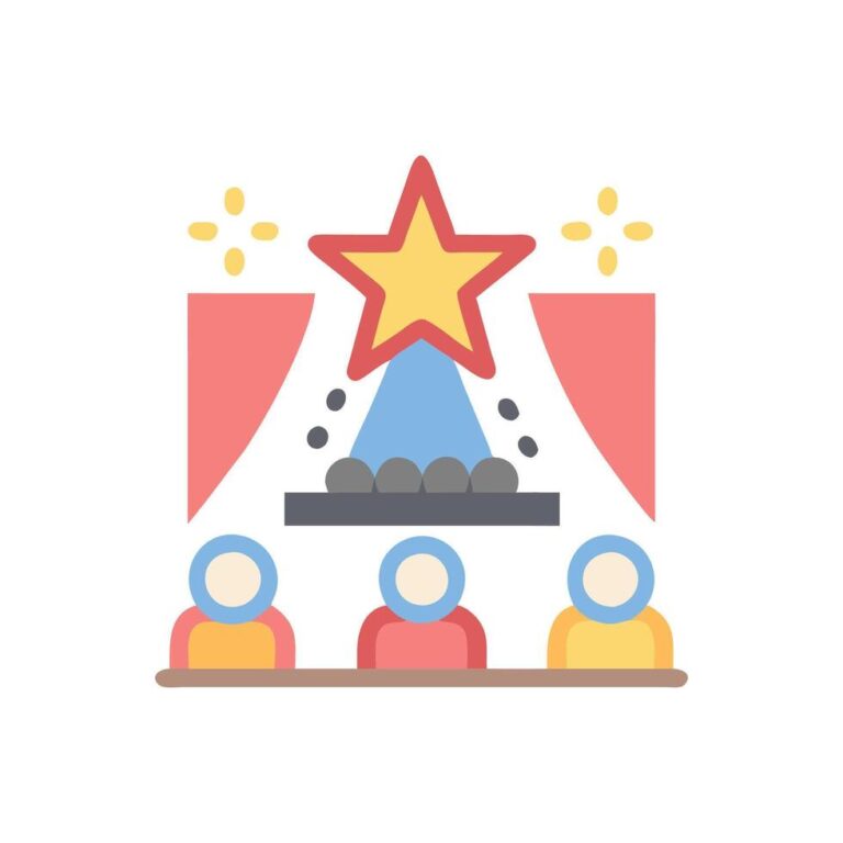 Talent show judges watching a performance on stage with a star and curtains.