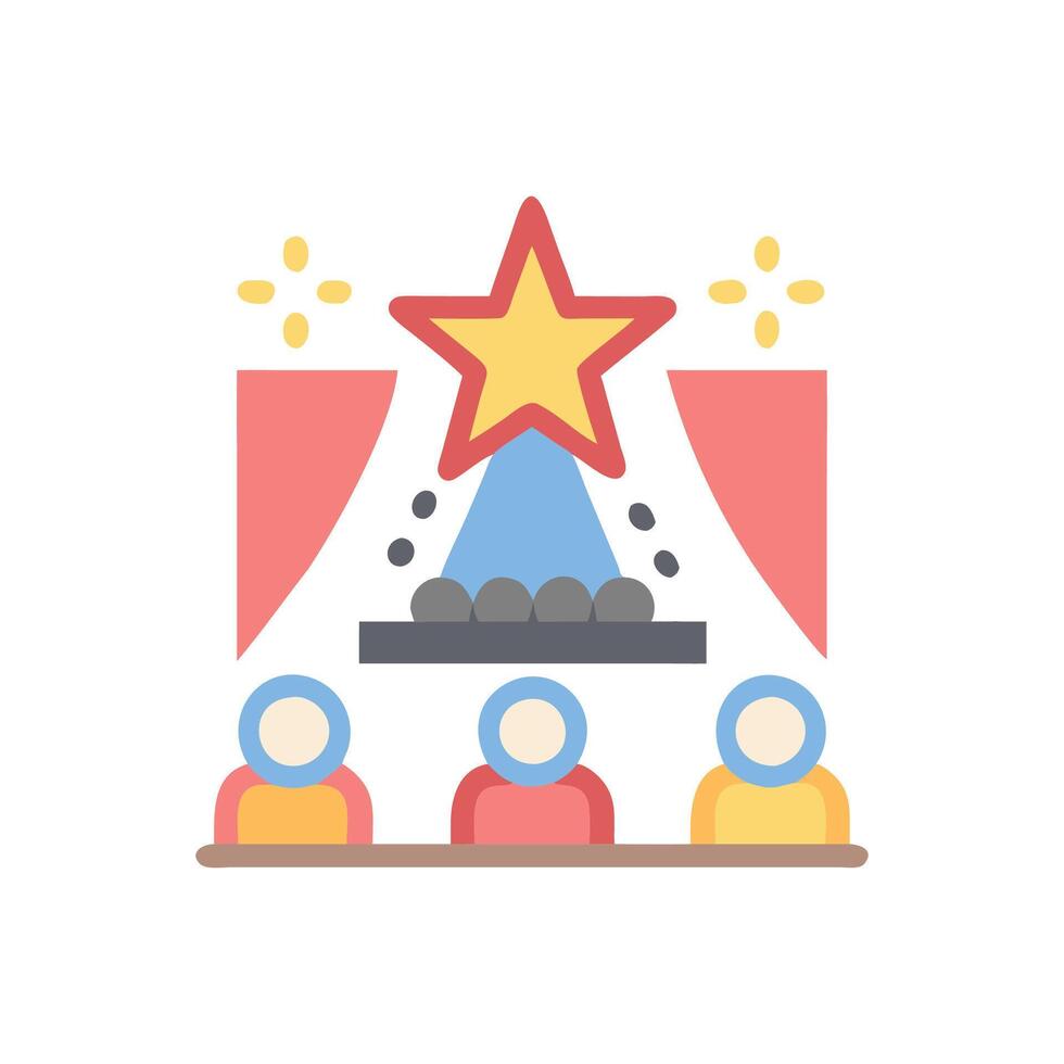 Talent show judges watching a performance on stage with a star and curtains.